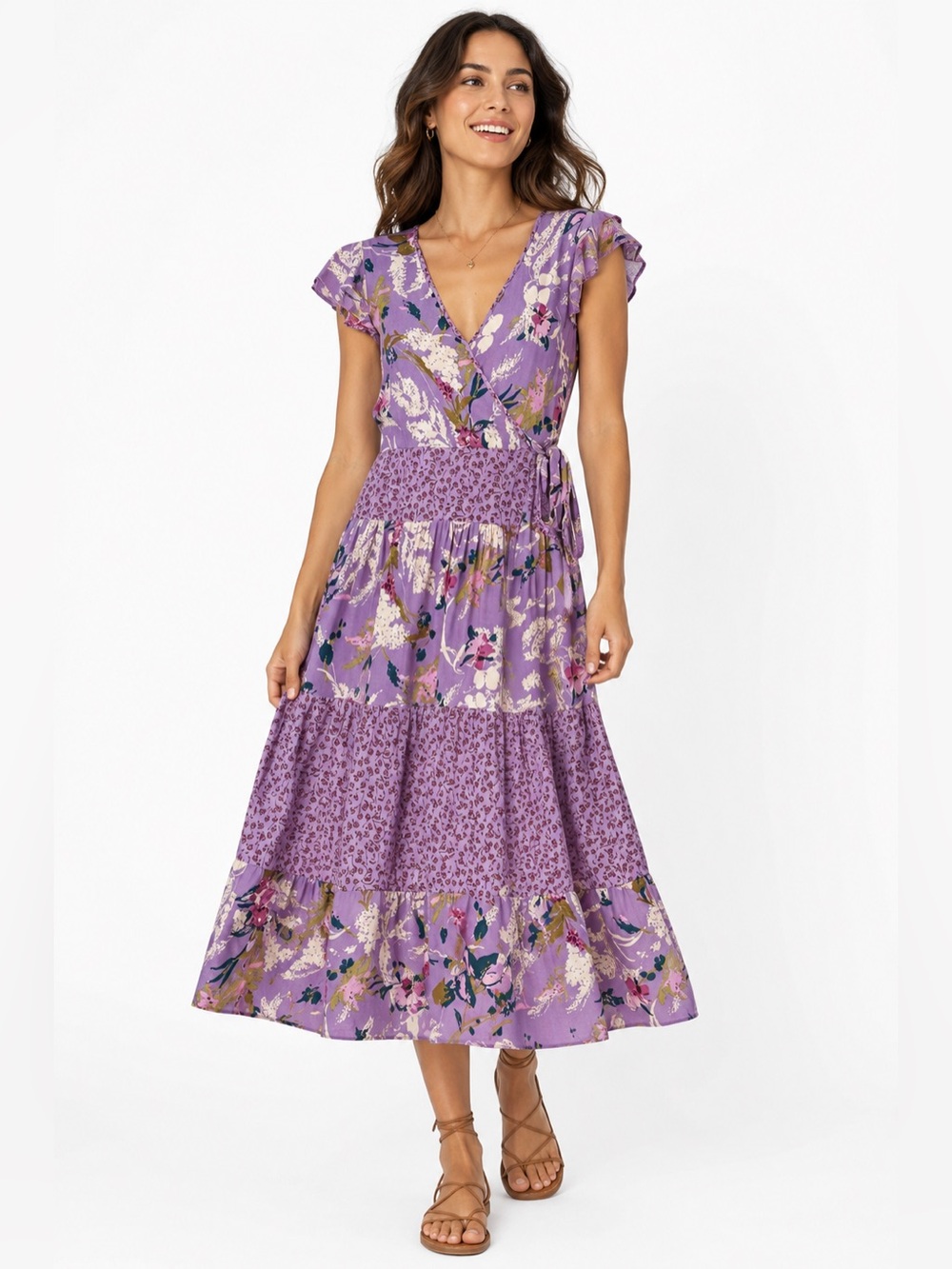 Band of the Free Kala Midi Dress XS Purple Floral Faux Wrap Boho Cottagecore